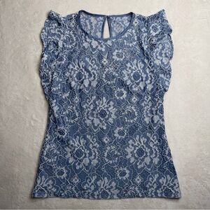 White House Black Market Flutter Sleeve Lace Overlay Top Periwinkle Blue Size 2